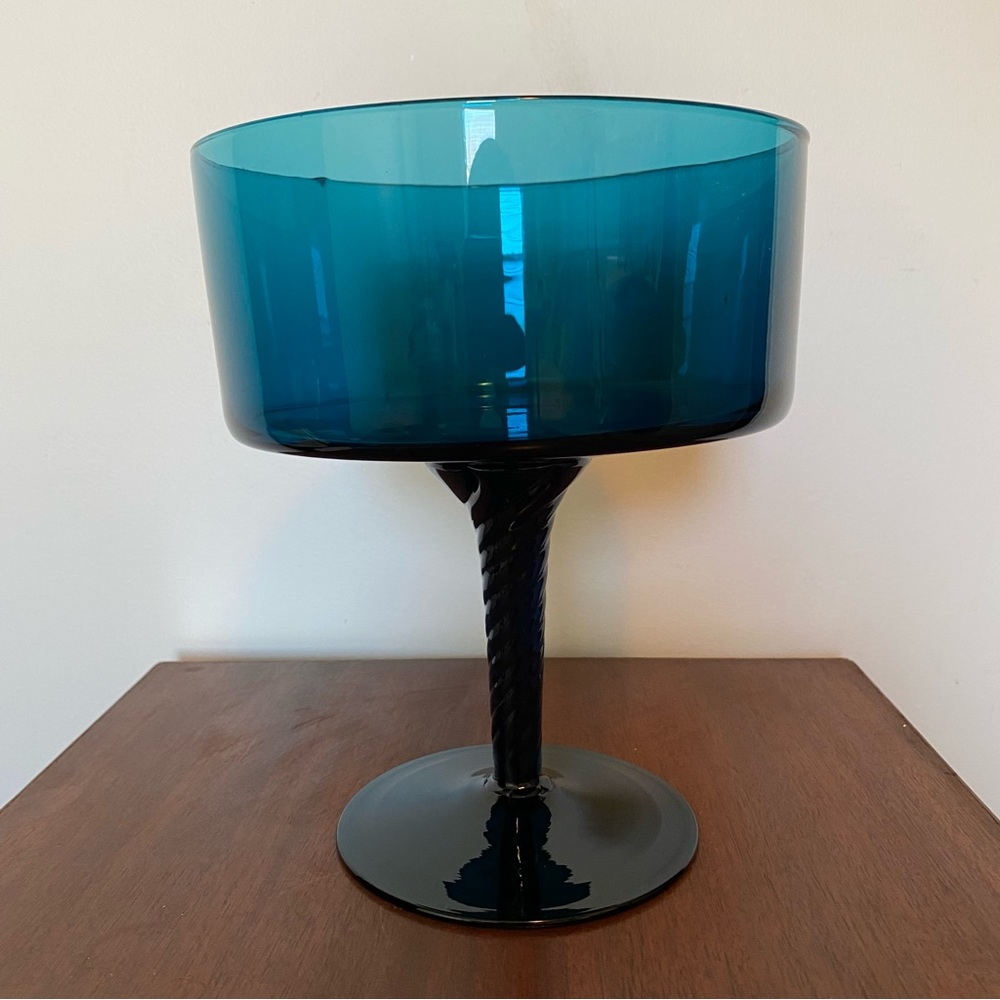 Empoli Italy handblown glass vase teal twisted pedestal bowl